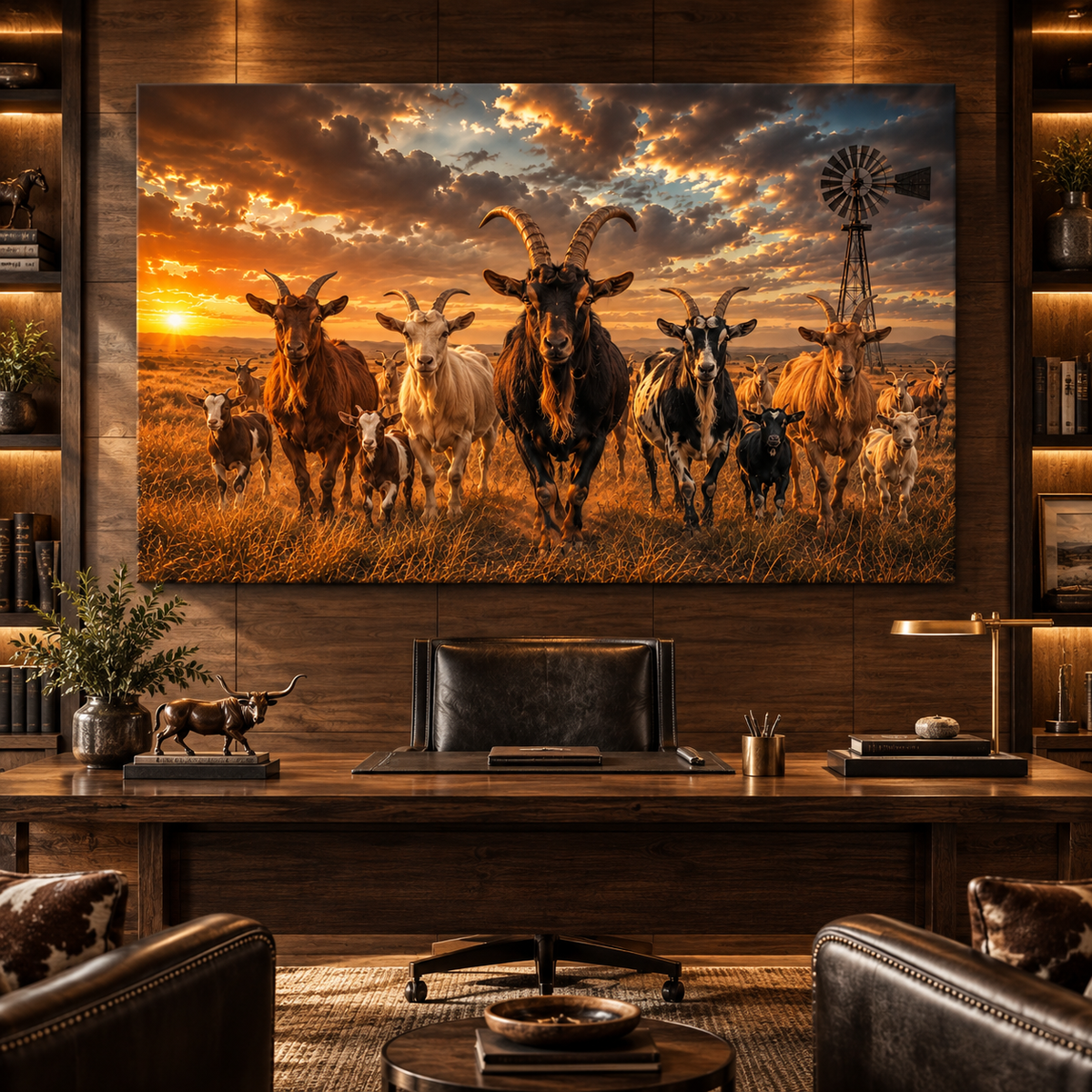 Goat Herd at Sunset Wrapped Canvas Wall Art – Rustic Farmhouse Ranch Windmill Landscape