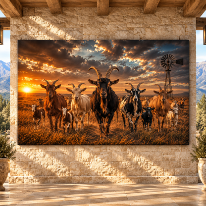 Goat Herd at Sunset Wrapped Canvas Wall Art – Rustic Farmhouse Ranch Windmill Landscape