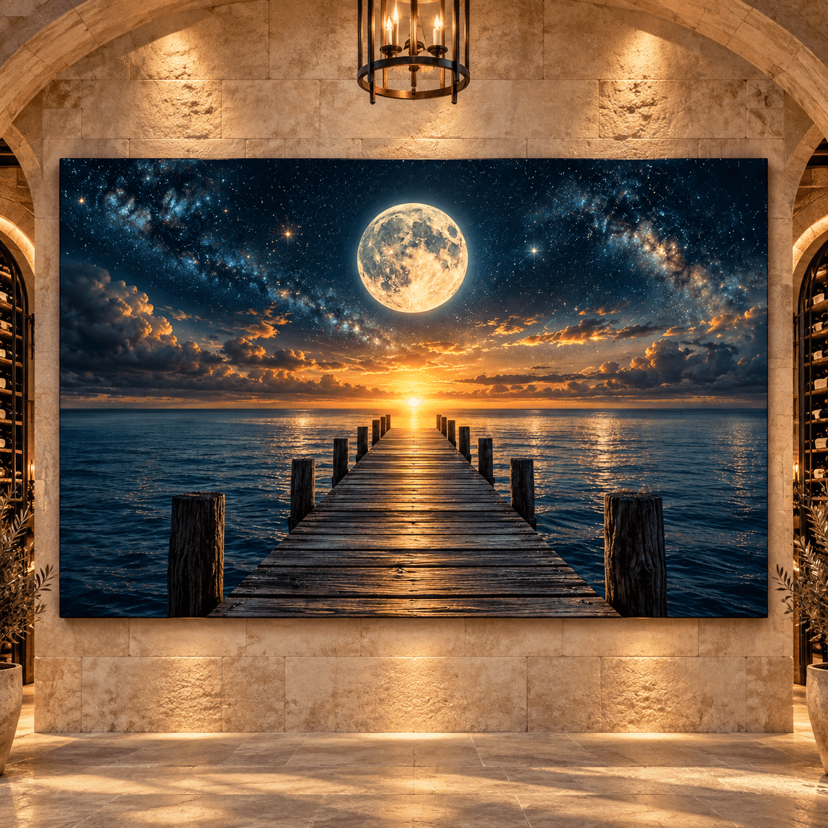 Full Moon Over Ocean Pier Wrapped Canvas Wall Art – Celestial Sunset Seascape