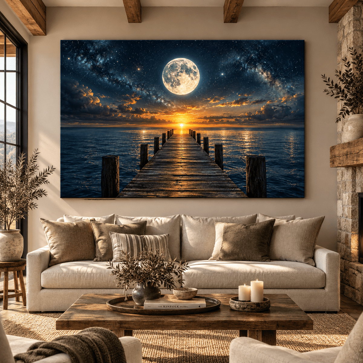 Full Moon Over Ocean Pier Wrapped Canvas Wall Art – Celestial Sunset Seascape