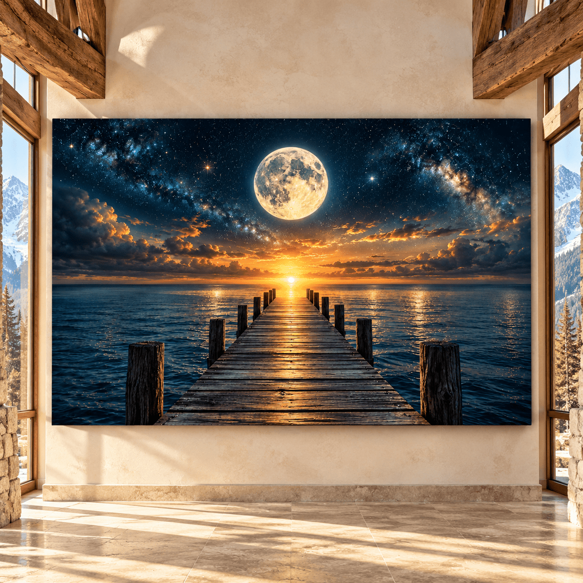 Full Moon Over Ocean Pier Wrapped Canvas Wall Art – Celestial Sunset Seascape