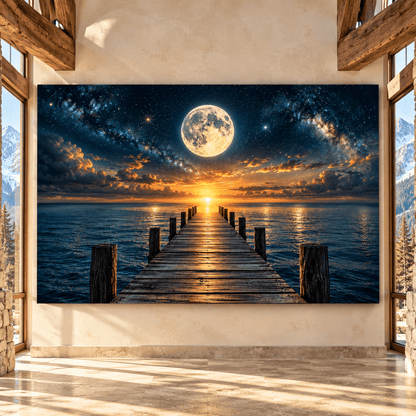Full Moon Over Ocean Pier Wrapped Canvas Wall Art – Celestial Sunset Seascape
