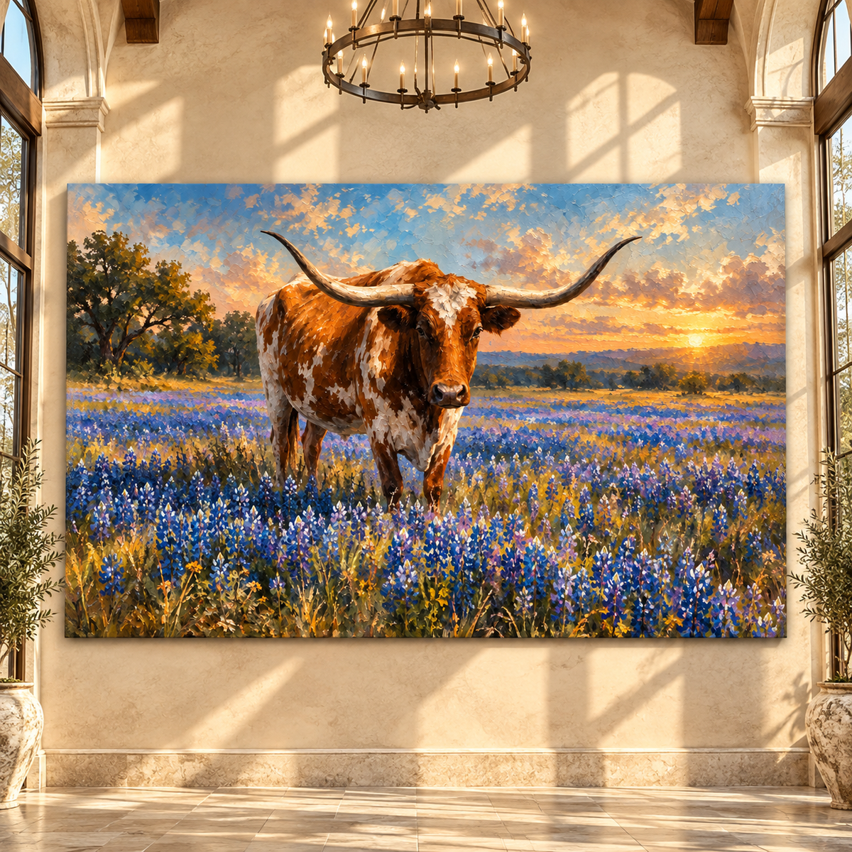 Texas Longhorn in Bluebonnet Field Wrapped Canvas Wall Art – Western Cattle Sunset Painting