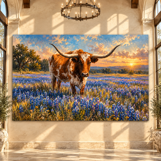 Texas Longhorn in Bluebonnet Field Wrapped Canvas Wall Art – Western Cattle Sunset Painting - ART OF ROYALS
