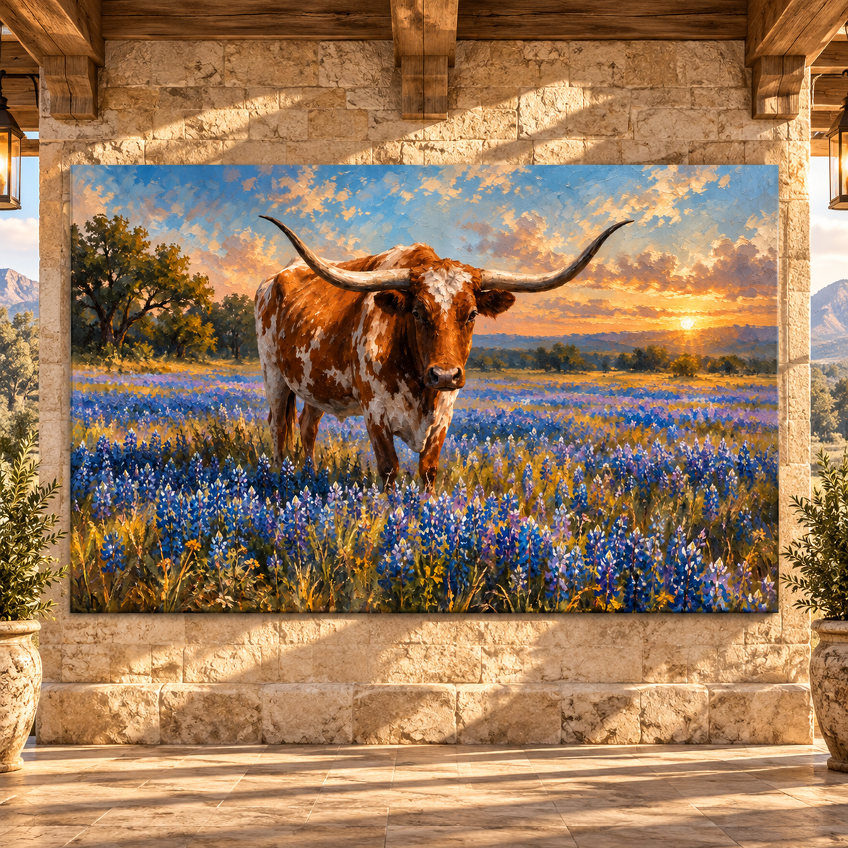 Texas Longhorn in Bluebonnet Field Wrapped Canvas Wall Art – Western Cattle Sunset Painting