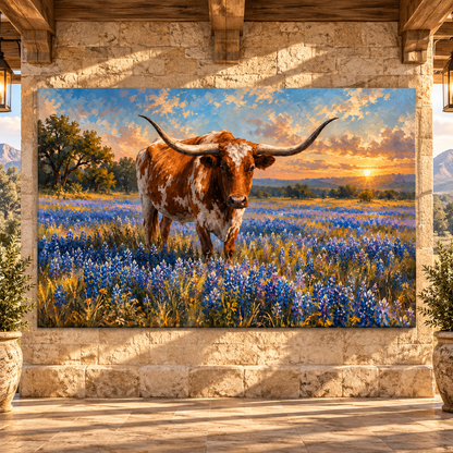 Texas Longhorn in Bluebonnet Field Wrapped Canvas Wall Art – Western Cattle Sunset Painting