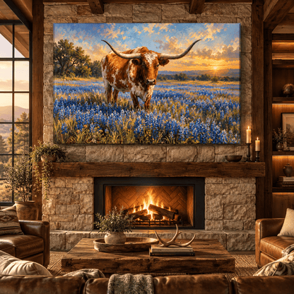 Texas Longhorn in Bluebonnet Field Wrapped Canvas Wall Art – Western Cattle Sunset Painting