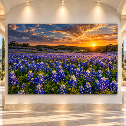 Texas Bluebonnet Field at Sunset Wrapped Canvas Wall Art – Golden Hill Country Wildflower Landscape