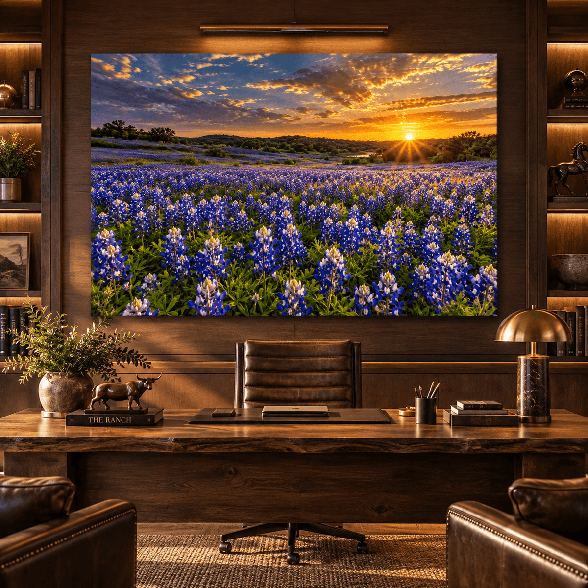 Texas Bluebonnet Field at Sunset Wrapped Canvas Wall Art – Golden Hill Country Wildflower Landscape