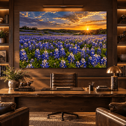 Texas Bluebonnet Field at Sunset Wrapped Canvas Wall Art – Golden Hill Country Wildflower Landscape