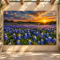 Texas Bluebonnet Field at Sunset Wrapped Canvas Wall Art – Golden Hill Country Wildflower Landscape