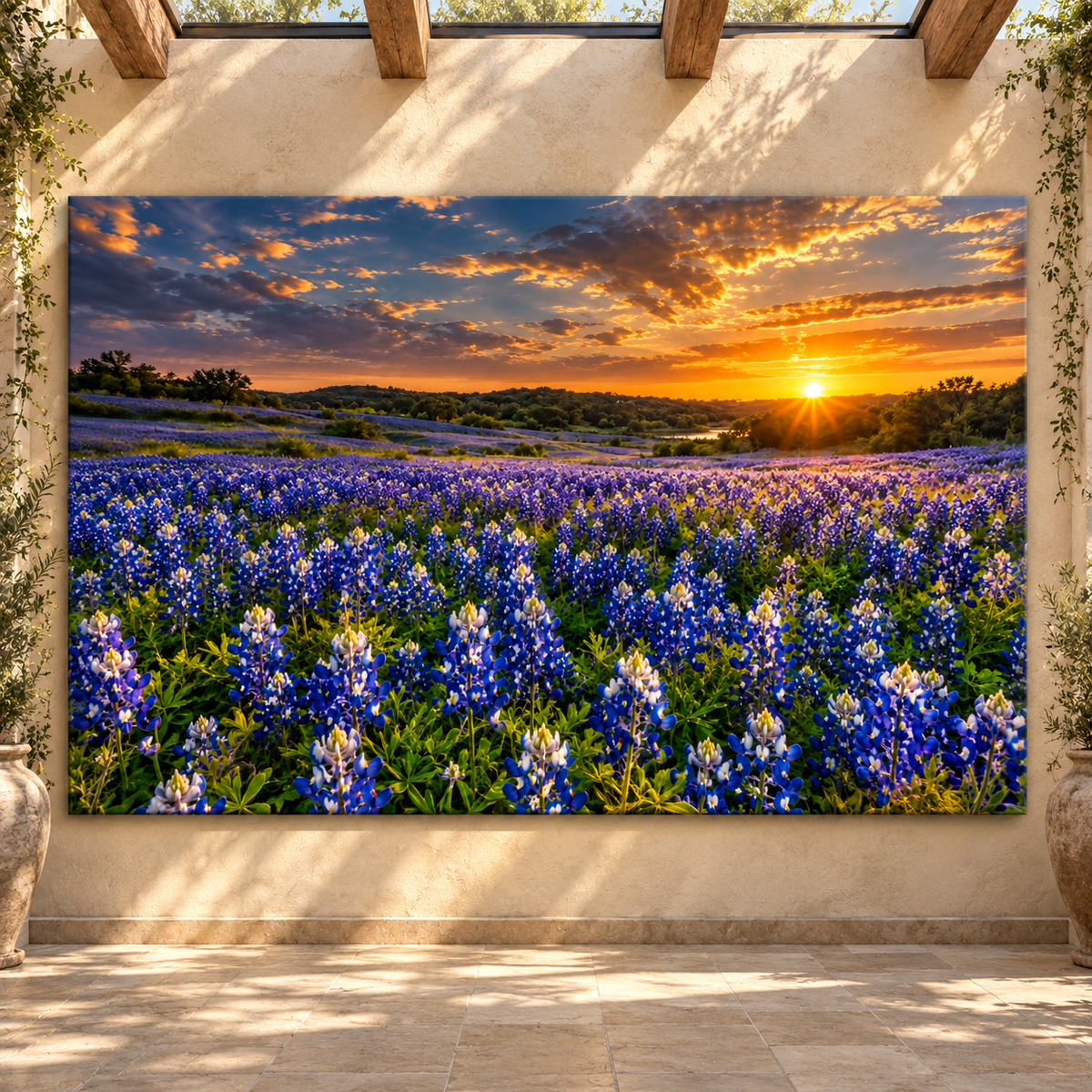 Texas Bluebonnet Field at Sunset Wrapped Canvas Wall Art – Golden Hill Country Wildflower Landscape