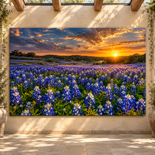 Texas Bluebonnet Field at Sunset Wrapped Canvas Wall Art – Golden Hill Country Wildflower Landscape - ART OF ROYALS