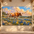 Texas Longhorn Walking Through Bluebonnet Field Wrapped Canvas Wall Art – Western Wildflower Landscape Painting