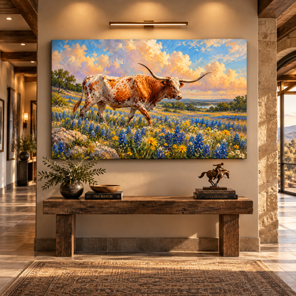 Texas Longhorn Walking Through Bluebonnet Field Wrapped Canvas Wall Art – Western Wildflower Landscape Painting