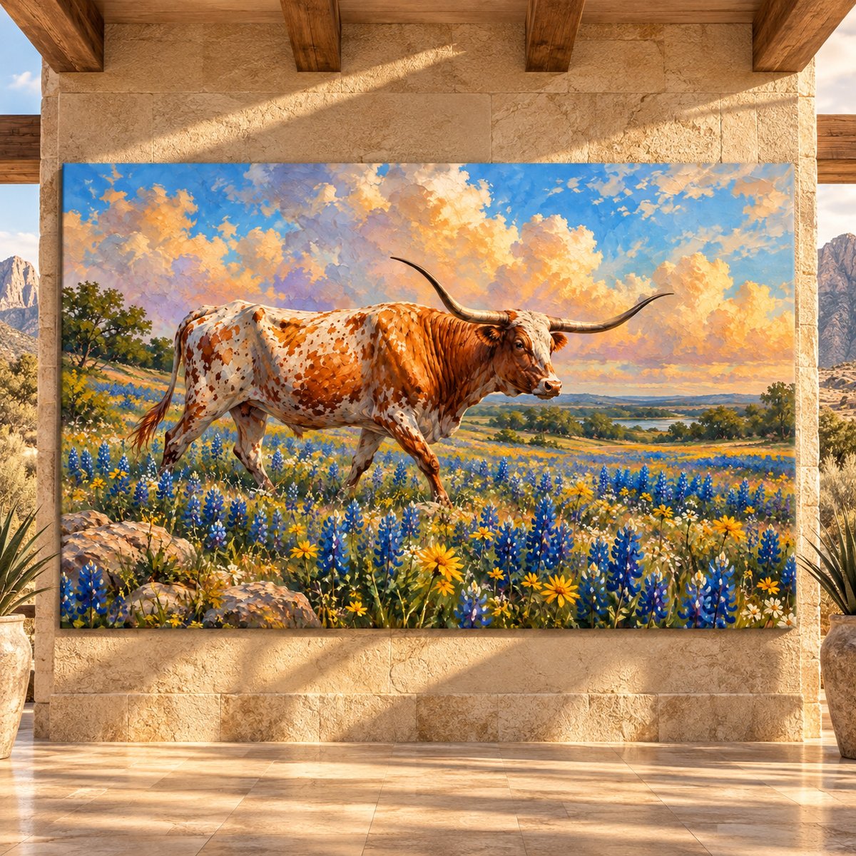 Texas Longhorn Walking Through Bluebonnet Field Wrapped Canvas Wall Art – Western Wildflower Landscape Painting
