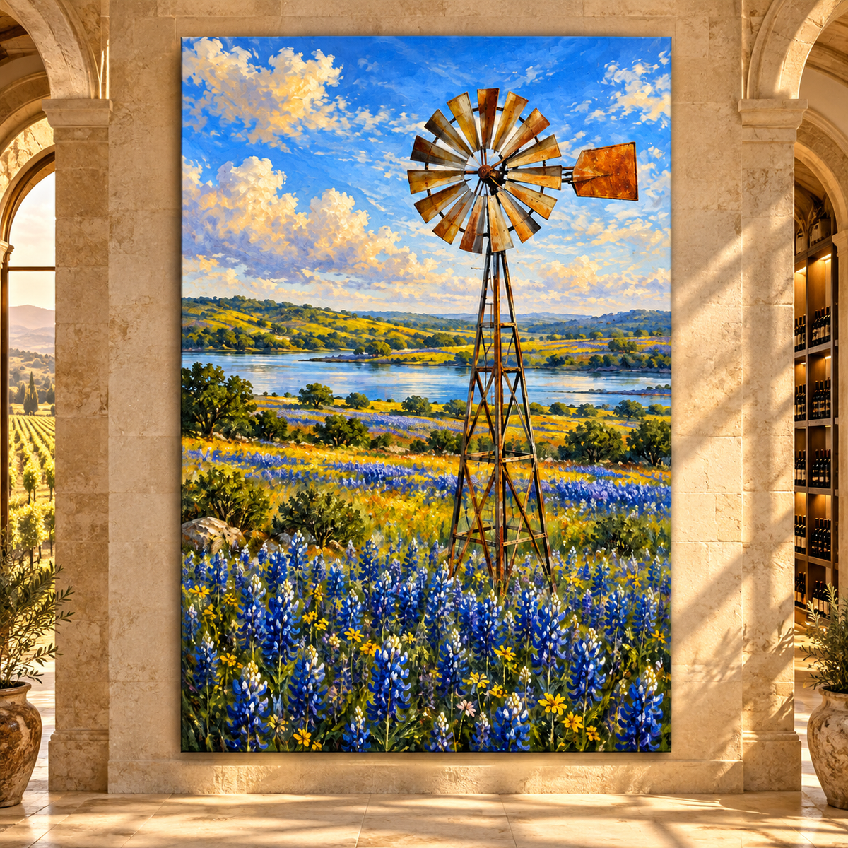 Texas Windmill and Bluebonnet Field Wrapped Canvas Wall Art – Hill Country Wildflower Landscape Painting