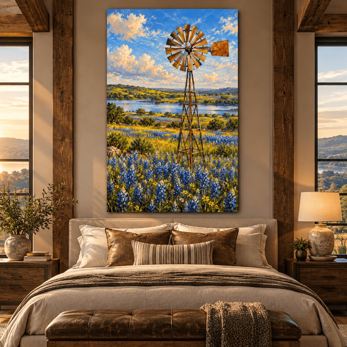 Texas Windmill and Bluebonnet Field Wrapped Canvas Wall Art – Hill Country Wildflower Landscape Painting