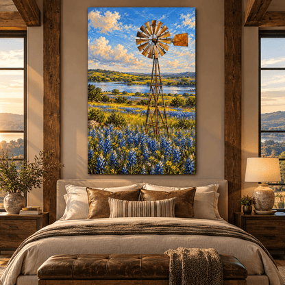 Texas Windmill and Bluebonnet Field Wrapped Canvas Wall Art – Hill Country Wildflower Landscape Painting