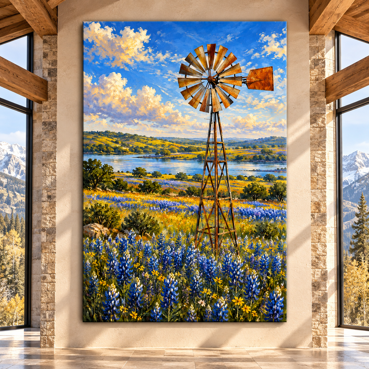 Texas Windmill and Bluebonnet Field Wrapped Canvas Wall Art – Hill Country Wildflower Landscape Painting