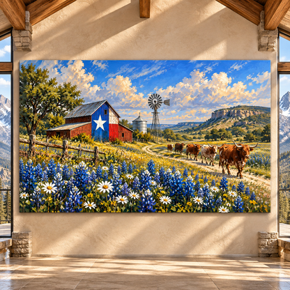 Texas Longhorn Herd by Lone Star Barn Wrapped Canvas Wall Art – Bluebonnet Ranch Landscape Painting