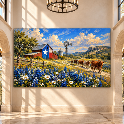 Texas Longhorn Herd by Lone Star Barn Wrapped Canvas Wall Art – Bluebonnet Ranch Landscape Painting