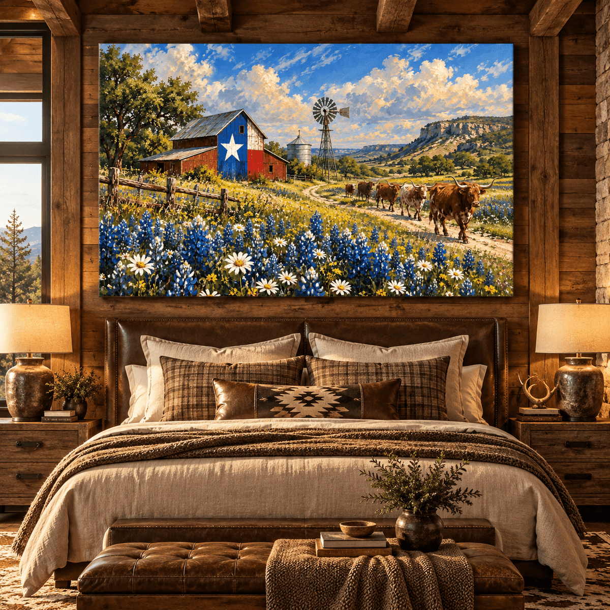 Texas Longhorn Herd by Lone Star Barn Wrapped Canvas Wall Art – Bluebonnet Ranch Landscape Painting