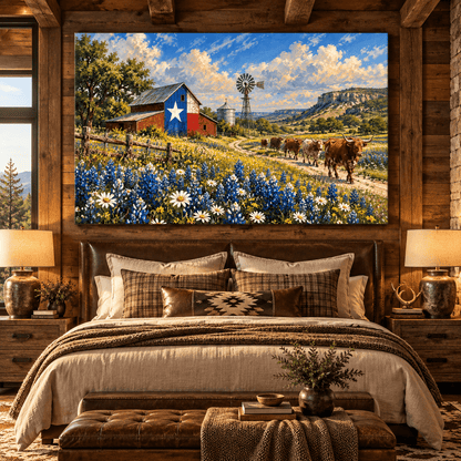 Texas Longhorn Herd by Lone Star Barn Wrapped Canvas Wall Art – Bluebonnet Ranch Landscape Painting