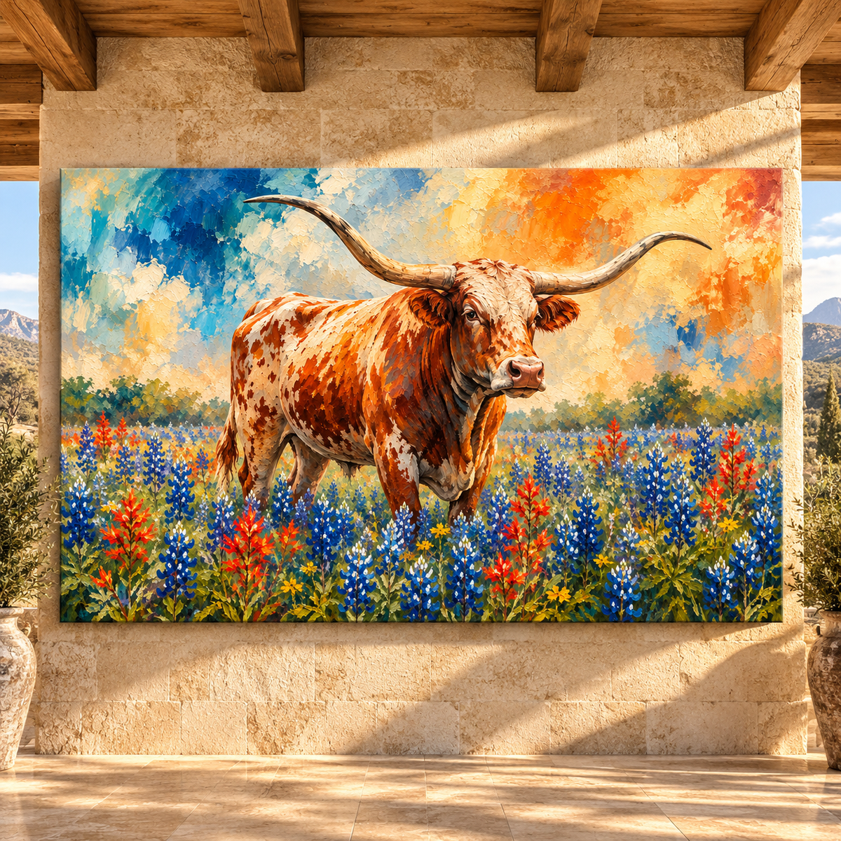 Texas Longhorn in Bluebonnet Field Wrapped Canvas Wall Art – Colorful Western Cattle Painting