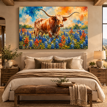 Texas Longhorn in Bluebonnet Field Wrapped Canvas Wall Art – Colorful Western Cattle Painting