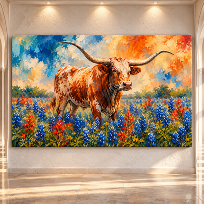 Texas Longhorn in Bluebonnet Field Wrapped Canvas Wall Art – Colorful Western Cattle Painting