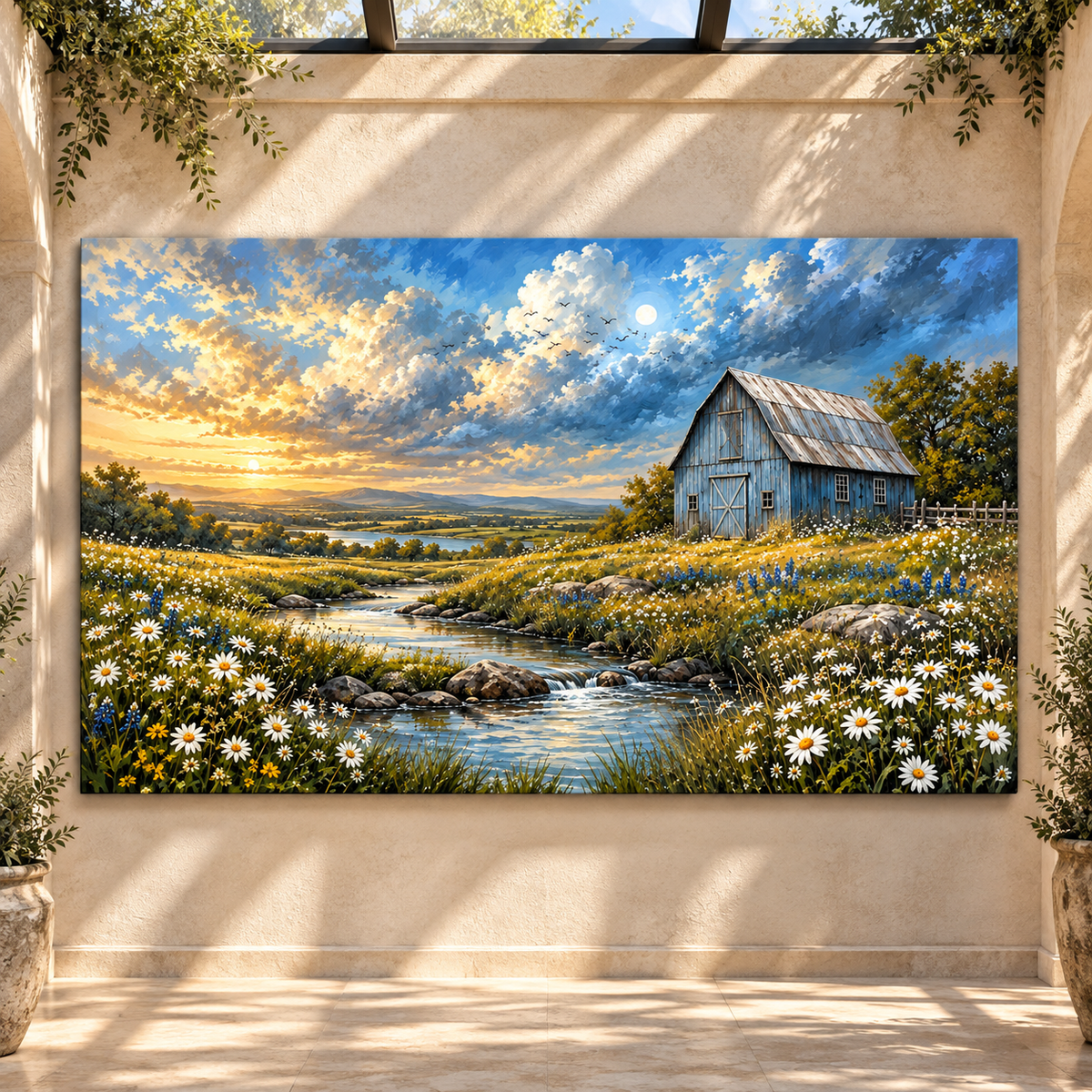 Blue Barn and Wildflower Creek Wrapped Canvas Wall Art – Rustic Farmhouse Countryside Landscape Painting