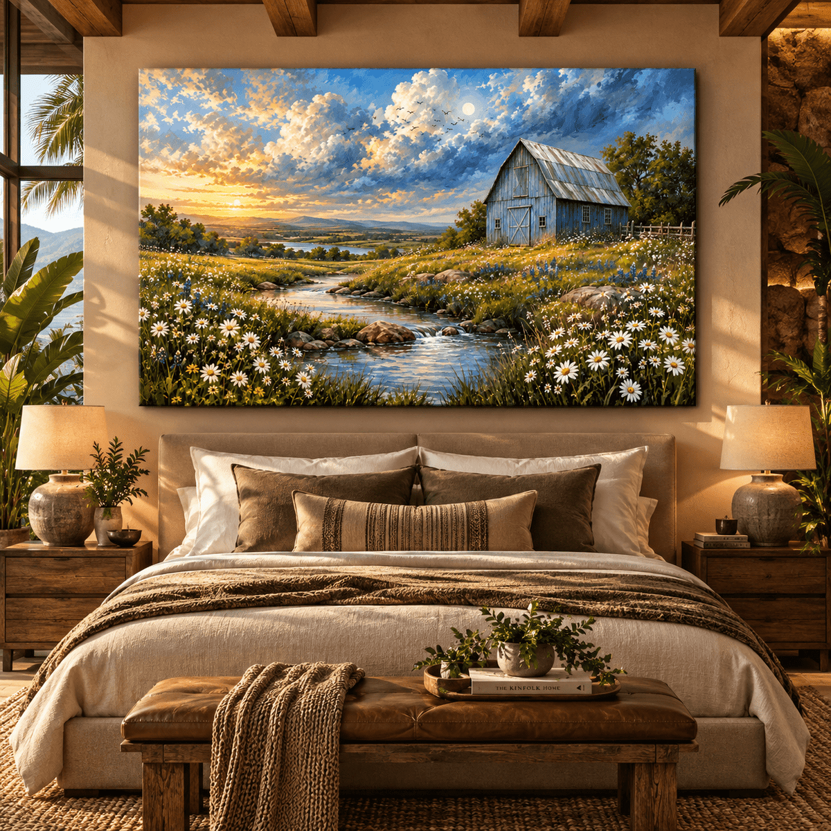 Blue Barn and Wildflower Creek Wrapped Canvas Wall Art – Rustic Farmhouse Countryside Landscape Painting