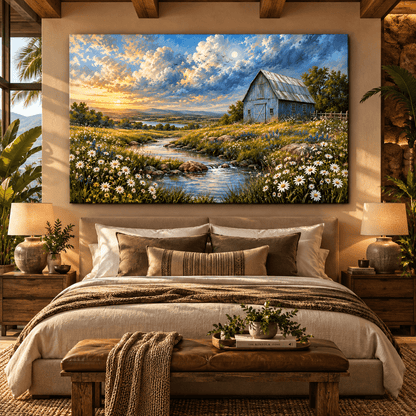 Blue Barn and Wildflower Creek Wrapped Canvas Wall Art – Rustic Farmhouse Countryside Landscape Painting