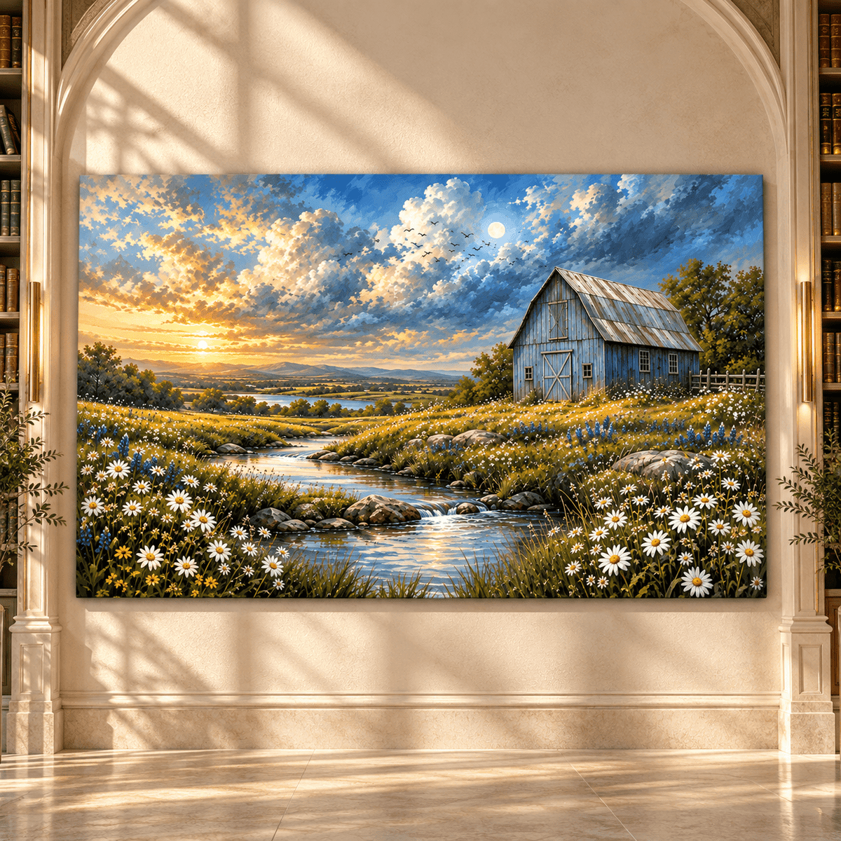 Blue Barn and Wildflower Creek Wrapped Canvas Wall Art – Rustic Farmhouse Countryside Landscape Painting