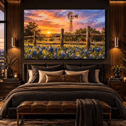 Texas Windmill and Bluebonnet Field at Sunset Wrapped Canvas Wall Art – Rustic Ranch Landscape