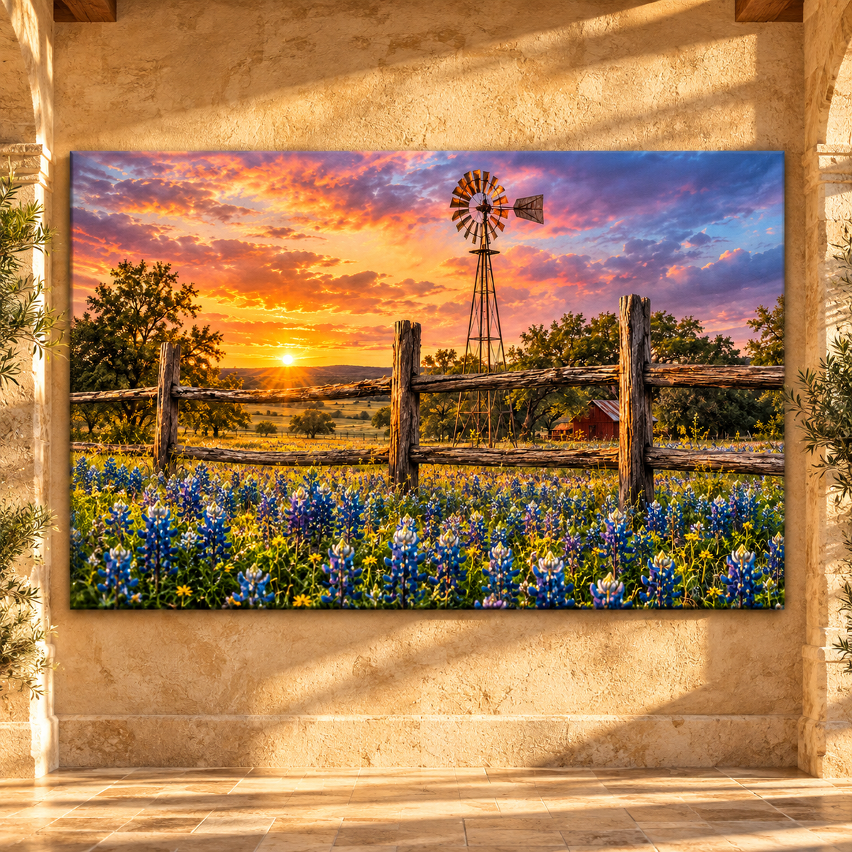 Texas Windmill and Bluebonnet Field at Sunset Wrapped Canvas Wall Art – Rustic Ranch Landscape