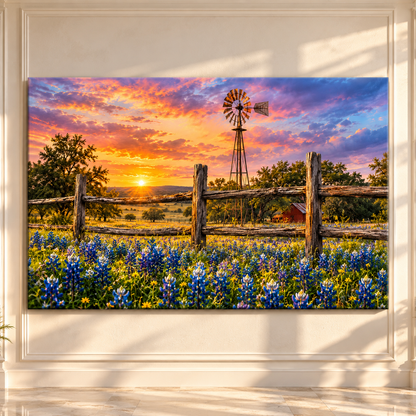 Texas Windmill and Bluebonnet Field at Sunset Wrapped Canvas Wall Art – Rustic Ranch Landscape