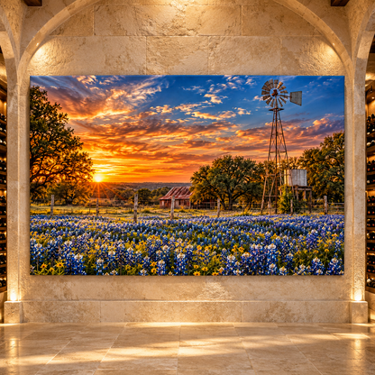 Texas Windmill and Bluebonnet Field at Sunset Wrapped Canvas Wall Art – Rustic Ranch Landscape