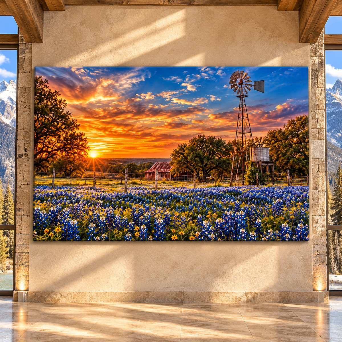 Texas Windmill and Bluebonnet Field at Sunset Wrapped Canvas Wall Art – Rustic Ranch Landscape