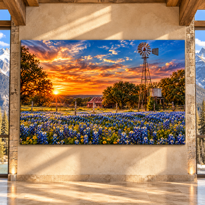 Texas Windmill and Bluebonnet Field at Sunset Wrapped Canvas Wall Art – Rustic Ranch Landscape