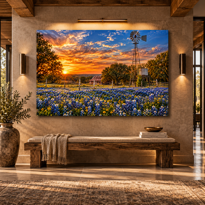 Texas Windmill and Bluebonnet Field at Sunset Wrapped Canvas Wall Art – Rustic Ranch Landscape