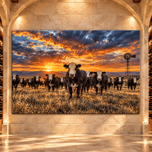 Hereford Cattle Herd at Sunset Wrapped Canvas Wall Art – Western Ranch Cow Painting - ART OF ROYALS