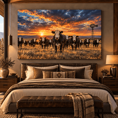 Hereford Cattle Herd at Sunset Wrapped Canvas Wall Art – Western Ranch Cow Painting - ART OF ROYALS