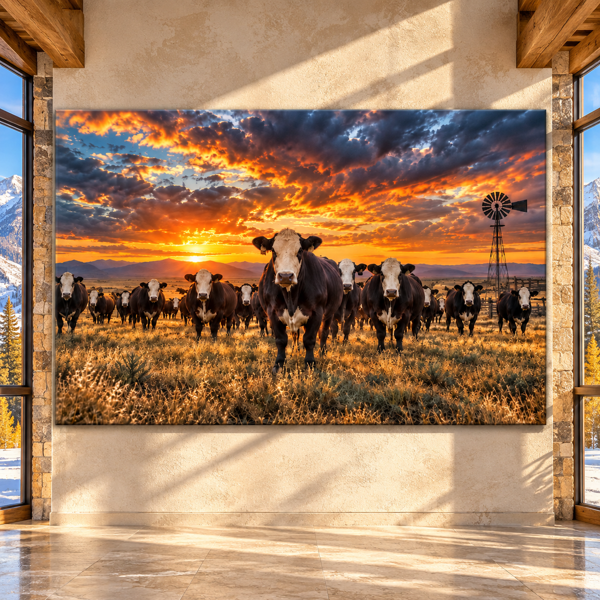 Hereford Cattle Herd at Sunset Wrapped Canvas Wall Art – Western Ranch Cow Painting - ART OF ROYALS
