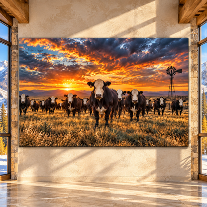 Hereford Cattle Herd at Sunset Wrapped Canvas Wall Art – Western Ranch Cow Painting - ART OF ROYALS