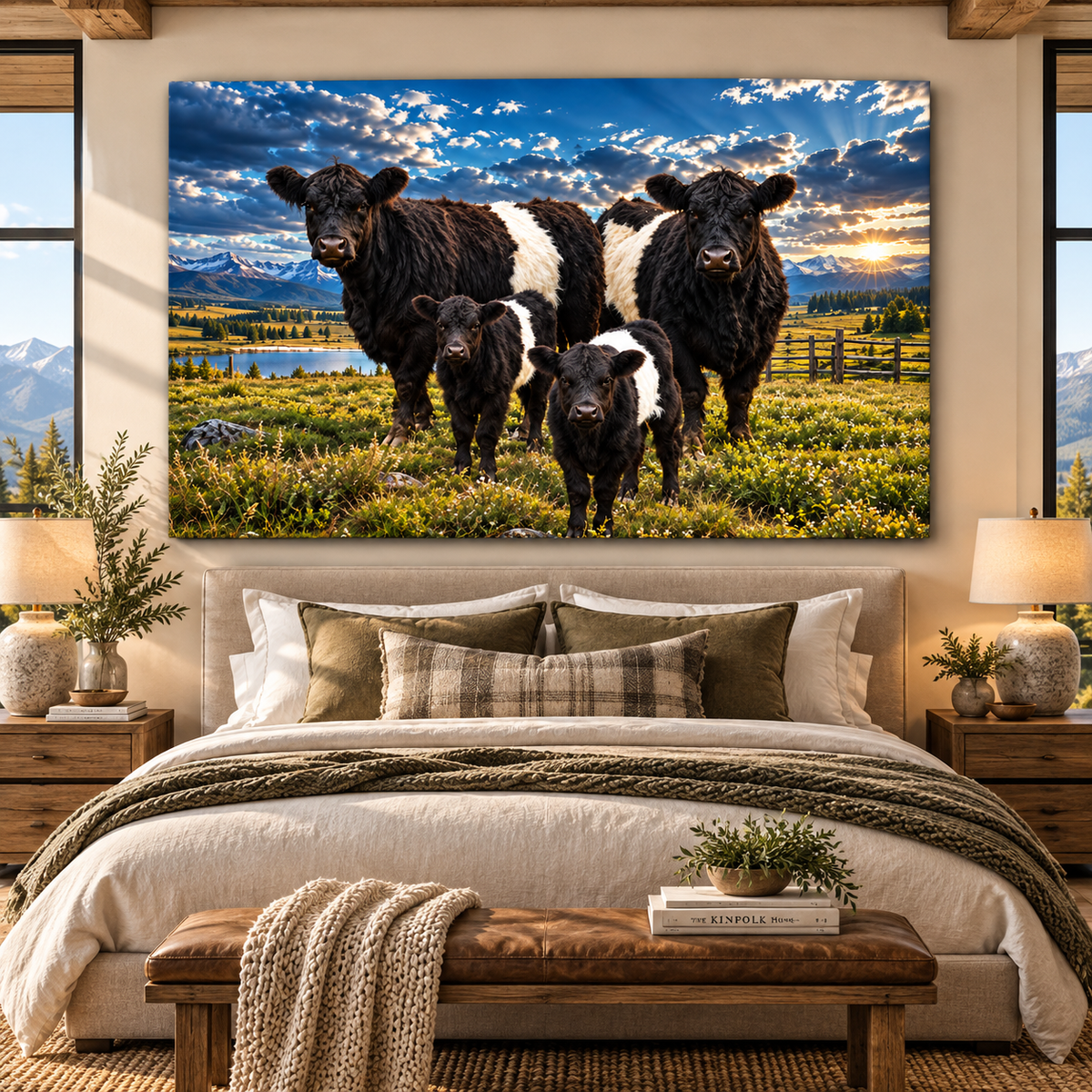 Belted Galloway Cattle Family Wrapped Canvas Wall Art – Beltie Cow & Calves Mountain Ranch Landscape