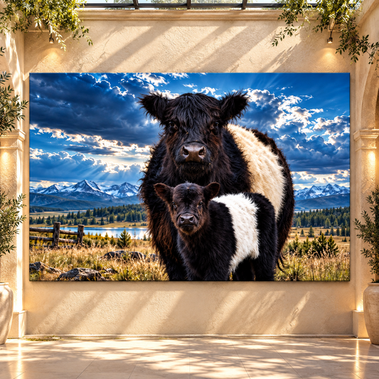 Belted Galloway Cow and Calf Wrapped Canvas Wall Art – Black & White Beltie Mountain Ranch Painting