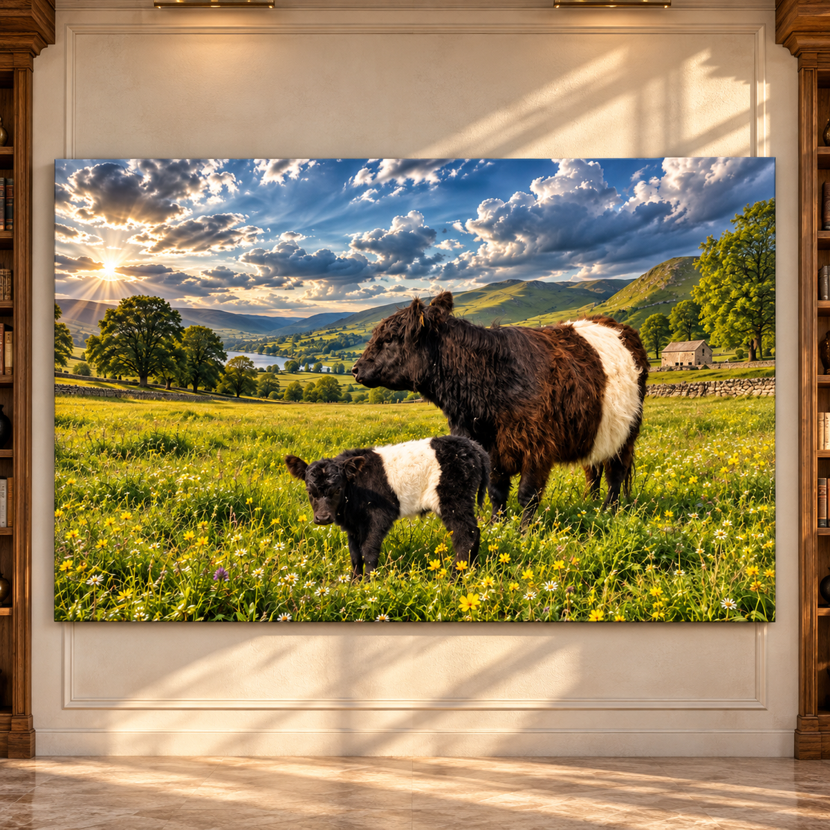 Belted Galloway Cow and Calf Wrapped Canvas Wall Art – Beltie Cattle in Mountain Meadow Landscape