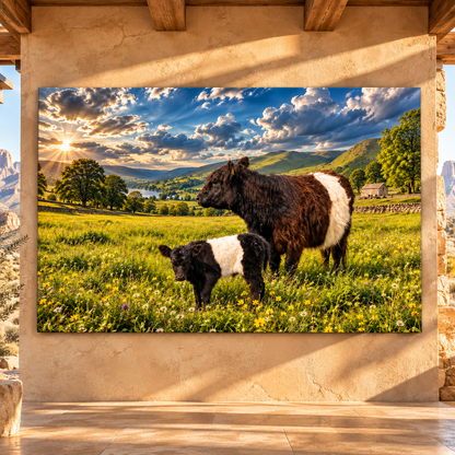 Belted Galloway Cow and Calf Wrapped Canvas Wall Art – Beltie Cattle in Mountain Meadow Landscape